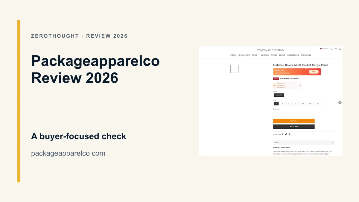 Packageapparelco website or product material beside a ZeroThought review title.