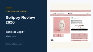 Solippy website or product material beside a ZeroThought review title.