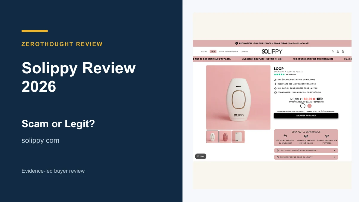 Solippy website or product material beside a ZeroThought review title.