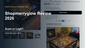 Shopmerryglow website or product material beside a ZeroThought review title.