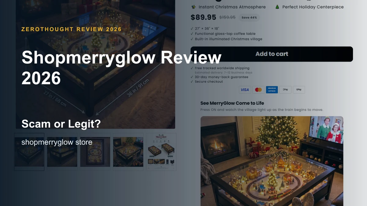 Shopmerryglow website or product material beside a ZeroThought review title.