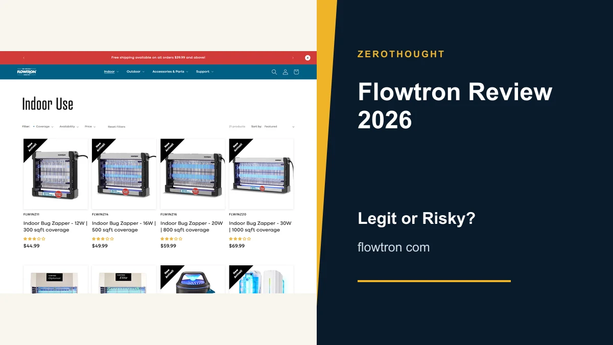 Flowtron website or product material beside a ZeroThought review title.