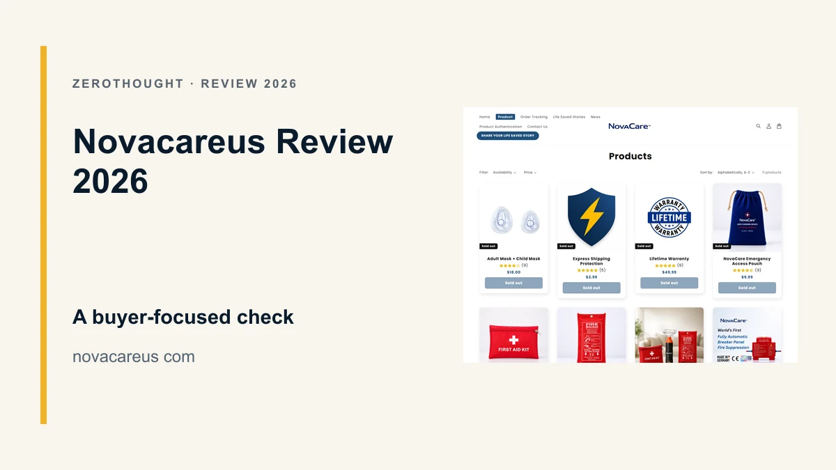 Novacareus website or product material beside a ZeroThought review title.