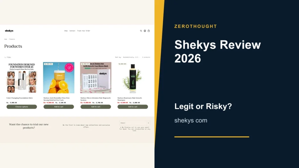 Shekys website or product material beside a ZeroThought review title.