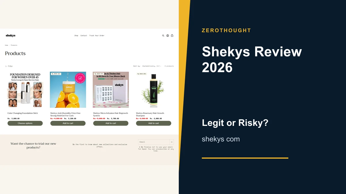 Shekys website or product material beside a ZeroThought review title.