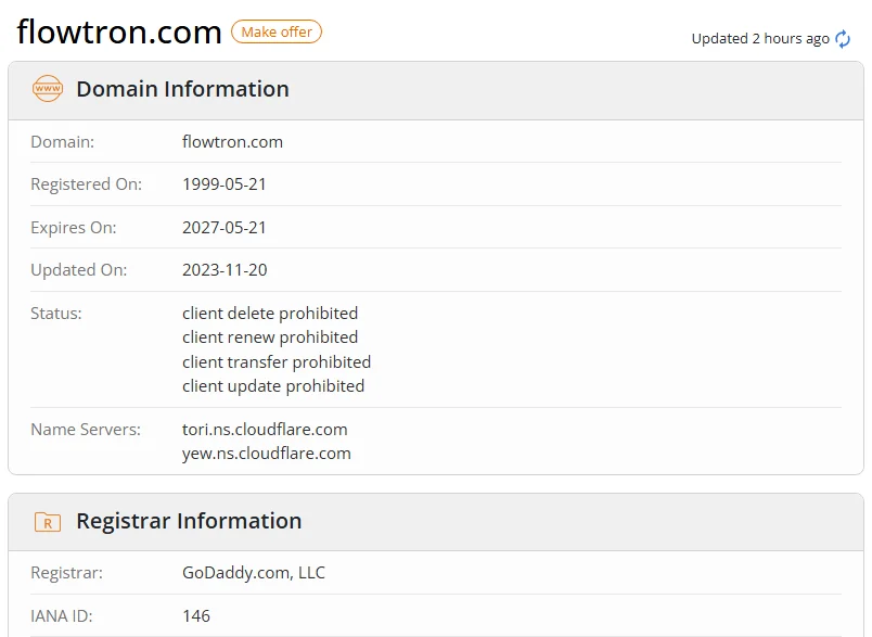 WHOIS.com record showing the registration details for flowtron com.