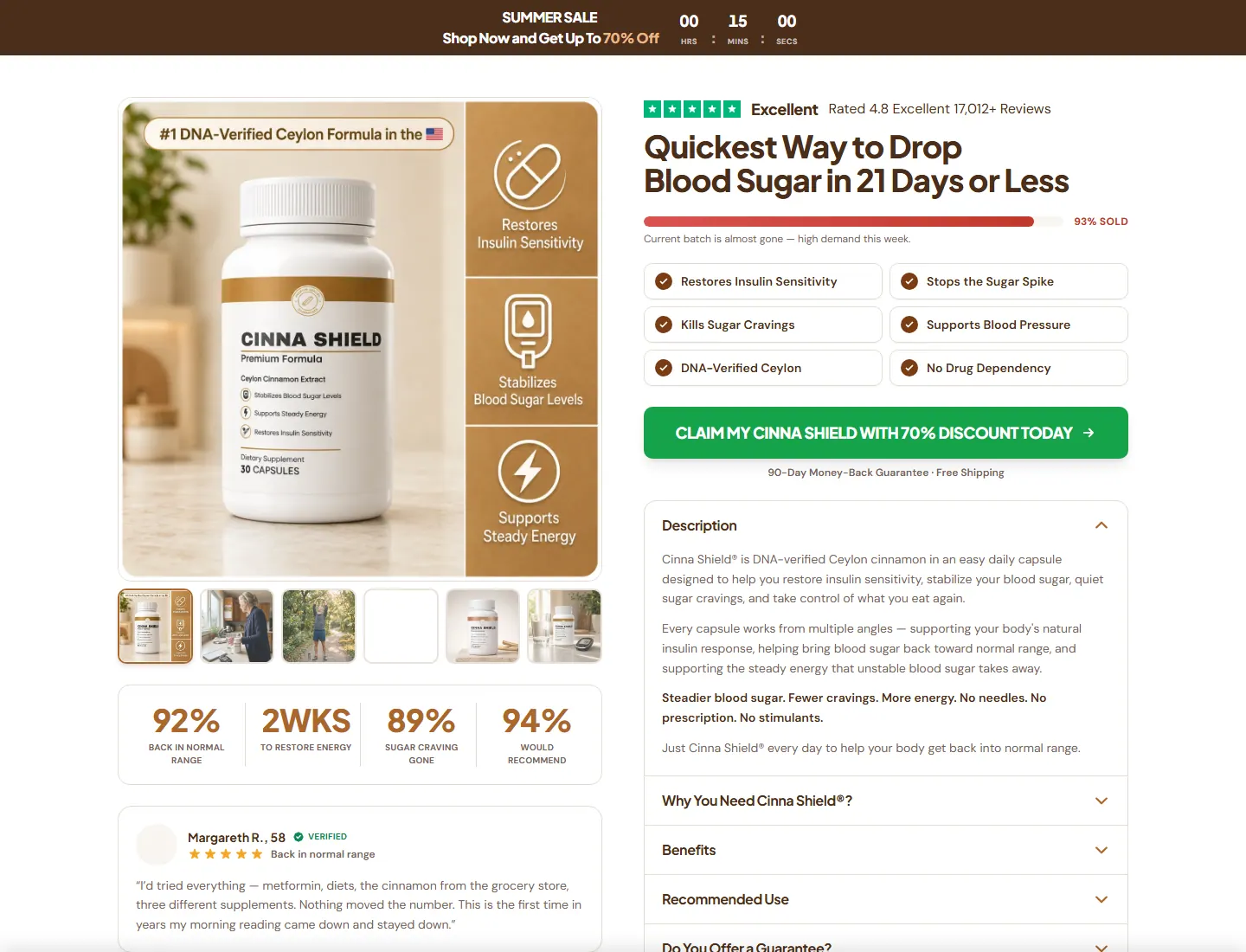 Cinna Shield® — DNA-Verified Ceylon Cinnamon for Blood Sugar Support page captured during the ZeroThought investigation