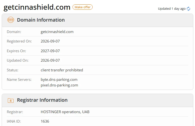 WHOIS.com record showing the registration details for getcinnashield com.