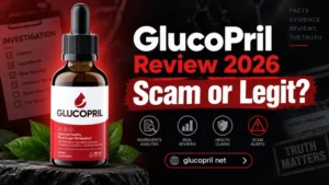 GlucoPril supplement bottle feature image with review text scam or legit 2026