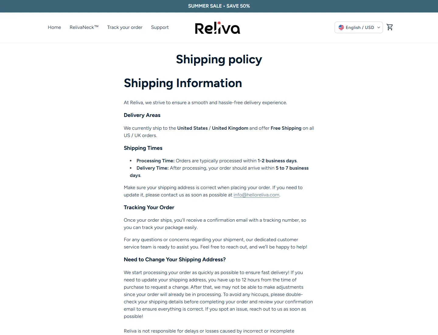 Shipping policy – Reliva page captured during the ZeroThought investigation