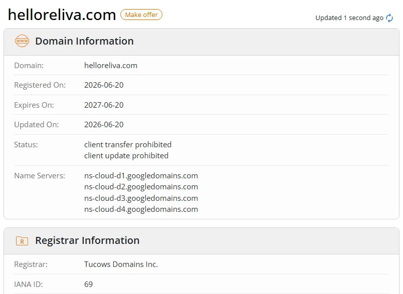 WHOIS.com record showing the registration details for helloreliva com.