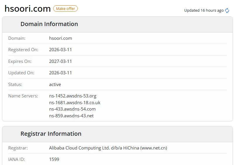 WHOIS.com record showing the registration details for hsoori com.