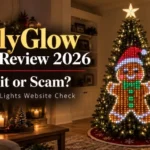 JollyGlow Store Review 2026 feature image showing a Christmas tree with gingerbread lights in a cozy living room
