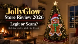 JollyGlow Store Review 2026 feature image showing a Christmas tree with gingerbread lights in a cozy living room
