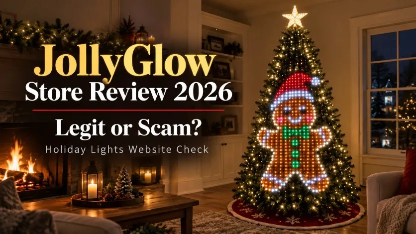 JollyGlow Store Review 2026 feature image showing a Christmas tree with gingerbread lights in a cozy living room