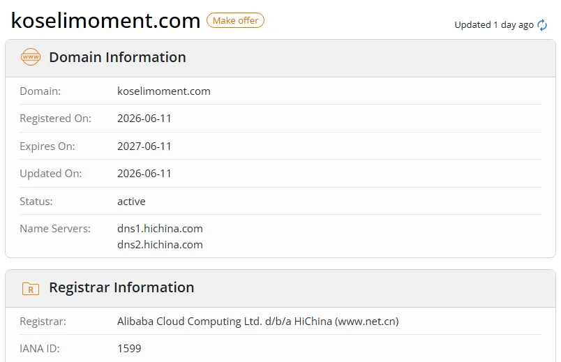WHOIS.com record showing the registration details for koselimoment com.
