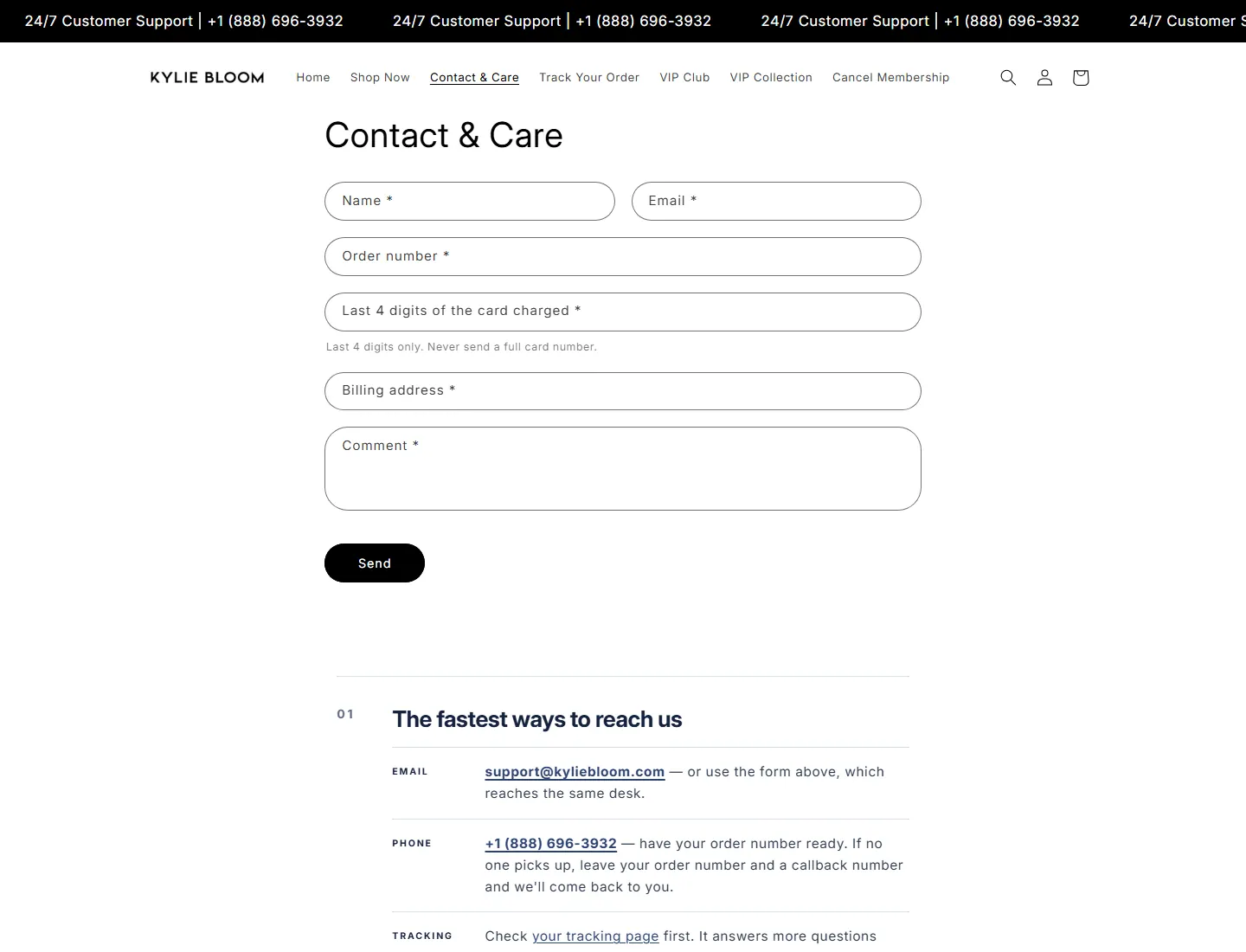 Contact & Care – KylieBloom® page captured during the ZeroThought investigation