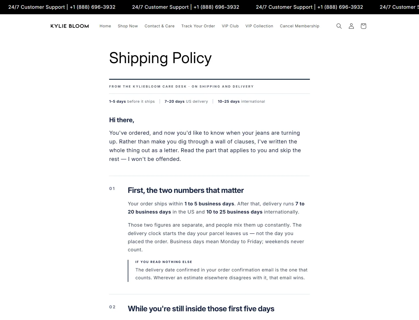 Shipping Policy – KylieBloom® page captured during the ZeroThought investigation
