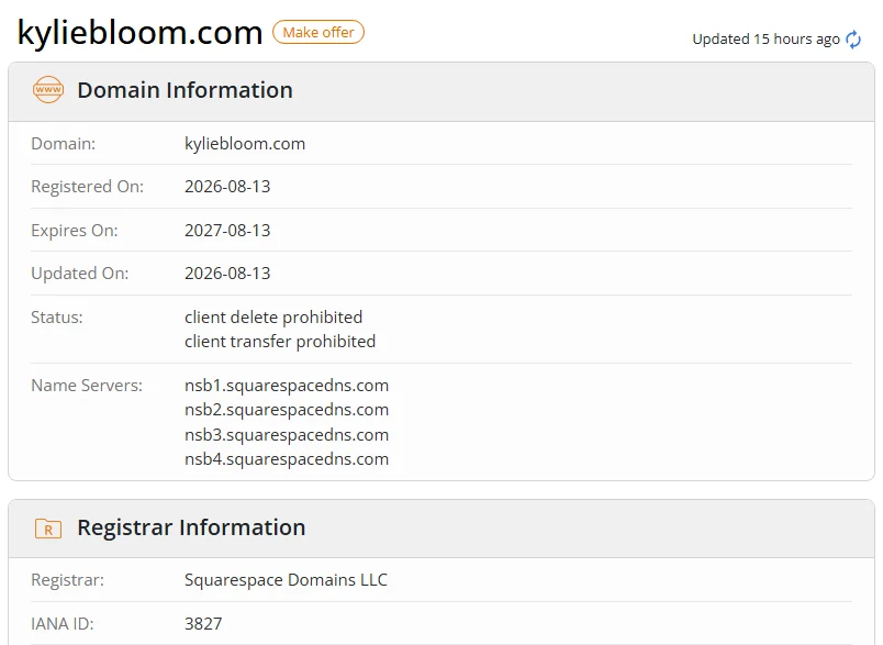 WHOIS.com record showing the registration details for kyliebloom com.