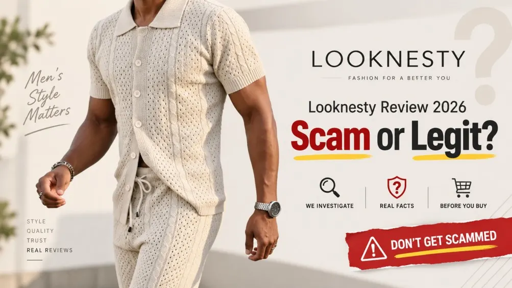Looknesty Review 2026 featured image showing men’s fashion with Scam or Legit buyer warning