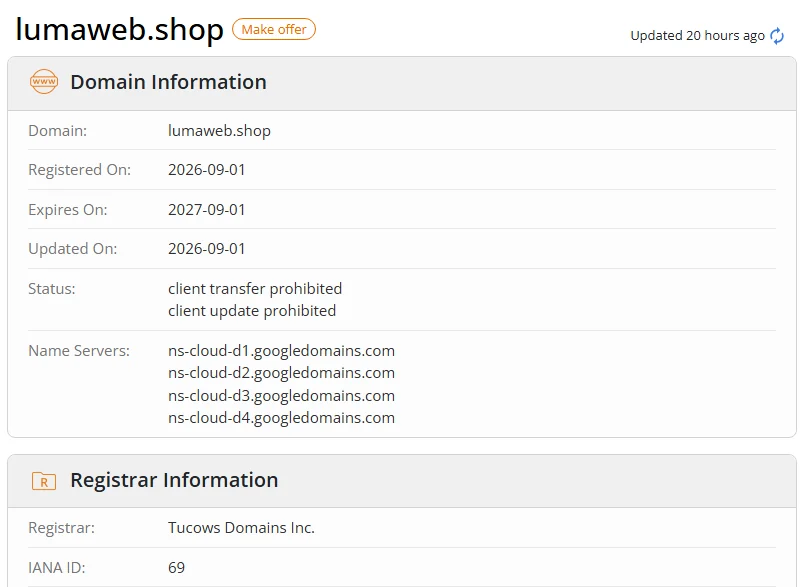 WHOIS.com record showing the registration details for lumaweb shop.