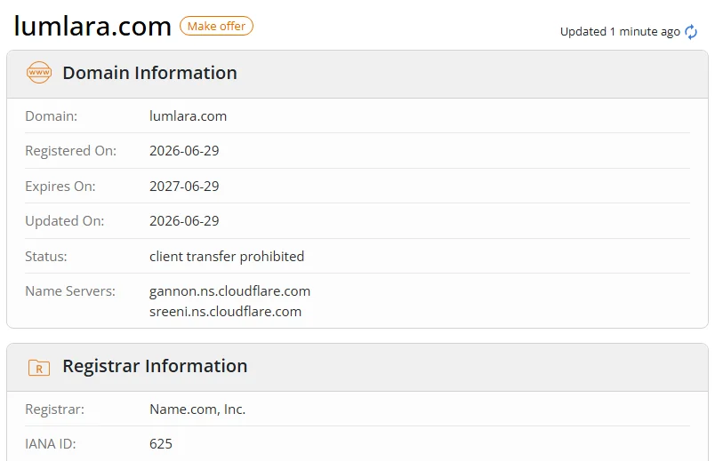 WHOIS.com record showing the registration details for lumlara com.