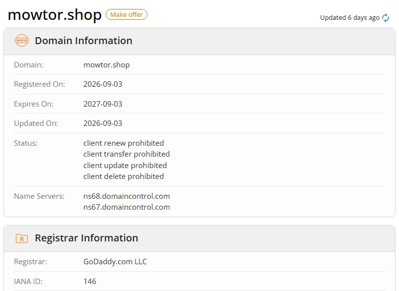 WHOIS.com record showing the registration details for mowtor shop.