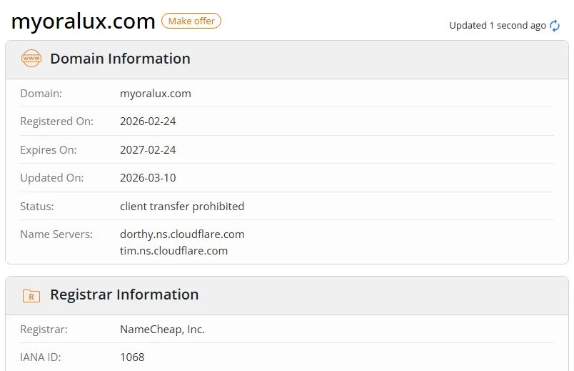 WHOIS.com record showing the registration details for myoralux com.