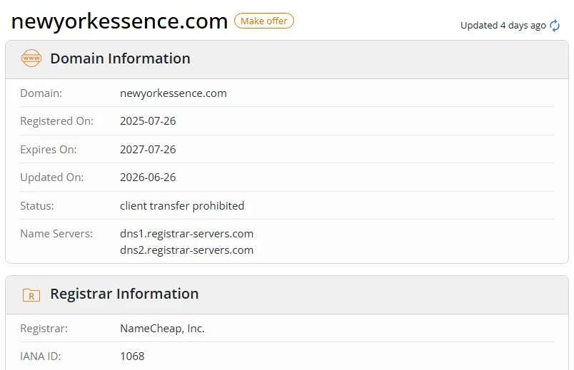WHOIS.com record showing the registration details for newyorkessence com.