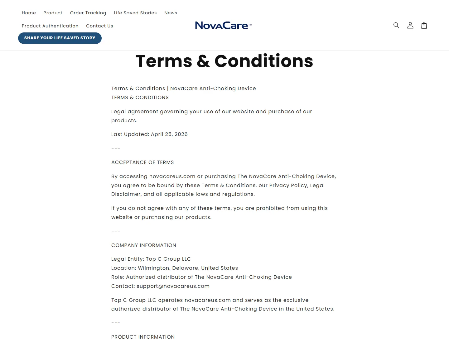 Terms & Conditions – NovaCare page captured during the ZeroThought investigation