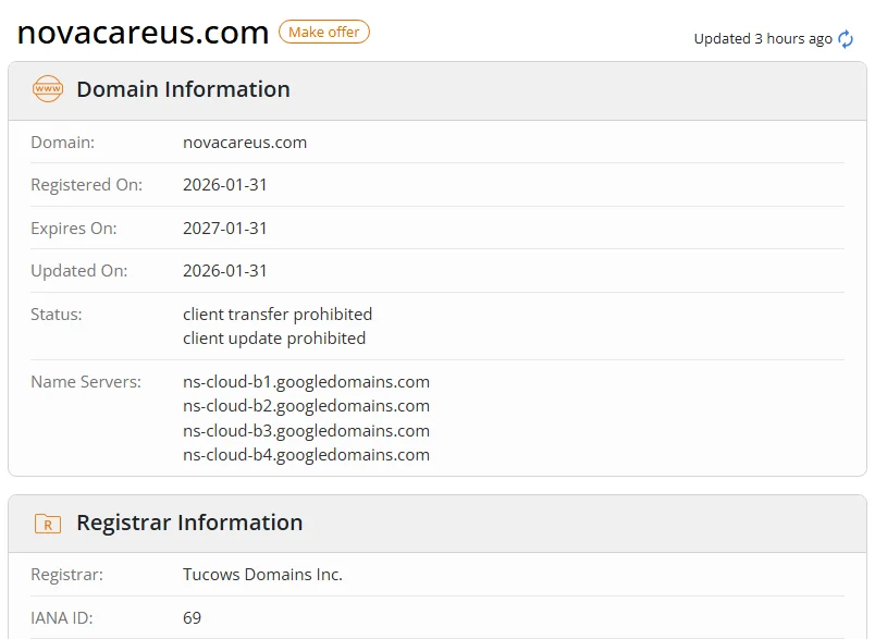WHOIS.com record showing the registration details for novacareus com.