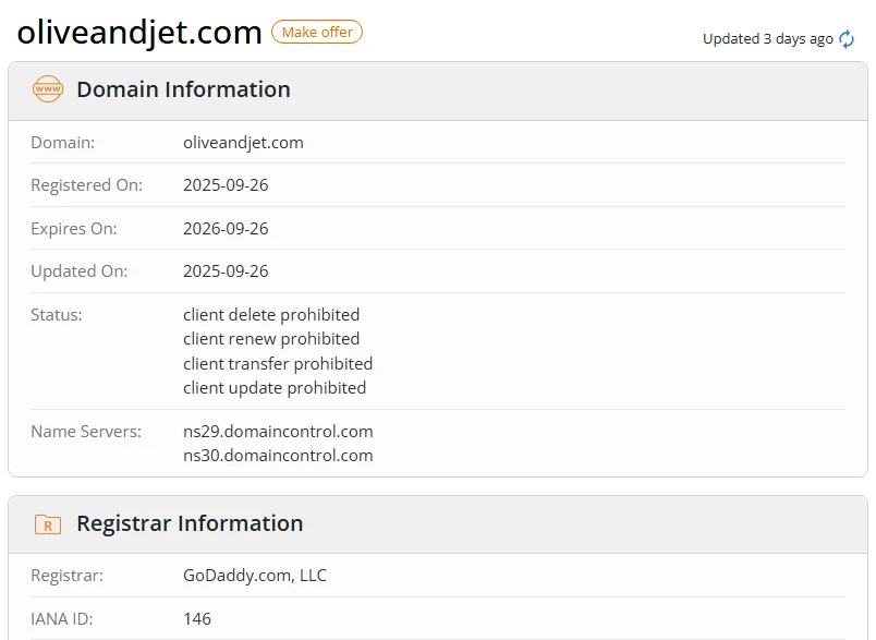 WHOIS.com record showing the registration details for oliveandjet com.