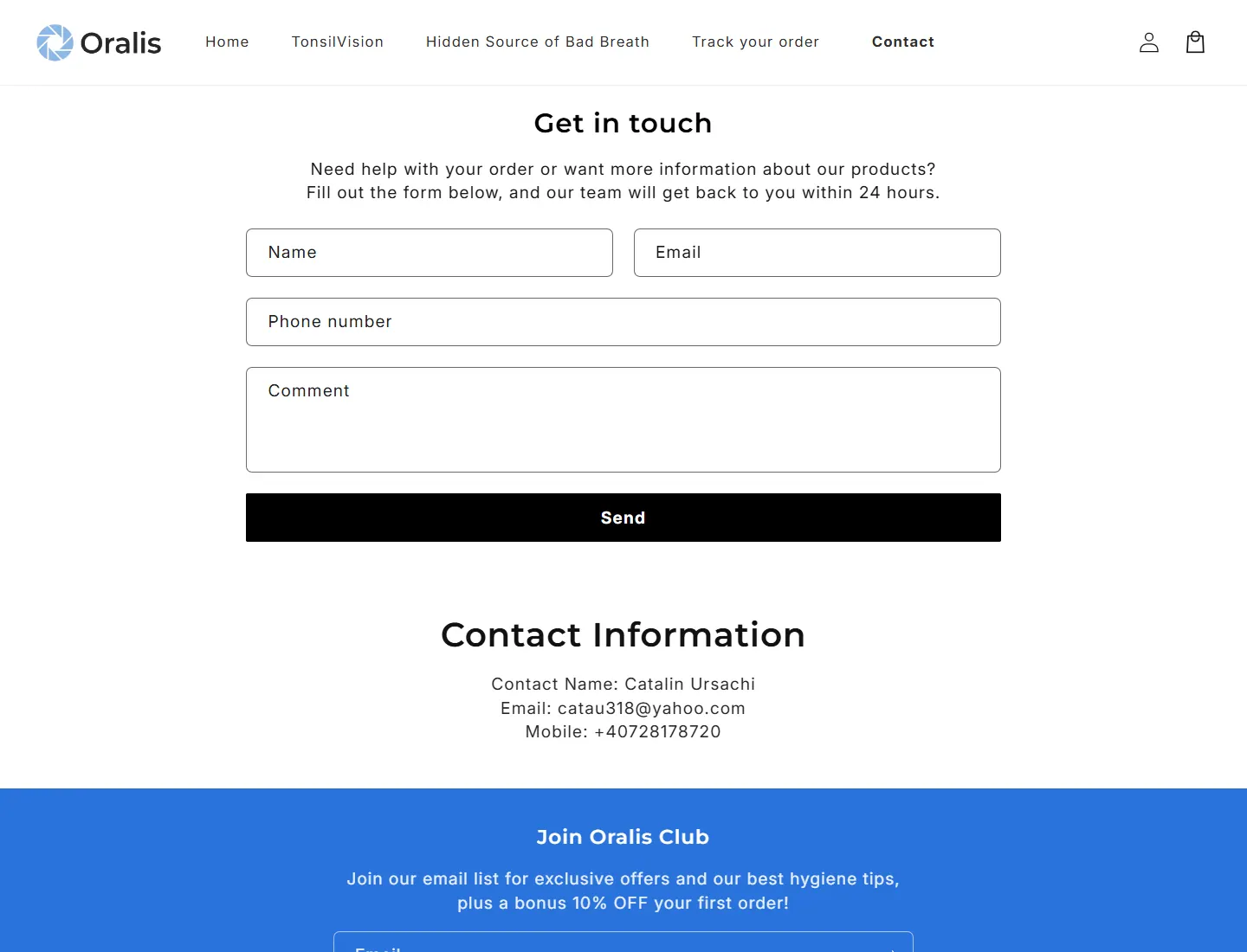 Contact – Oralis page captured during the ZeroThought investigation