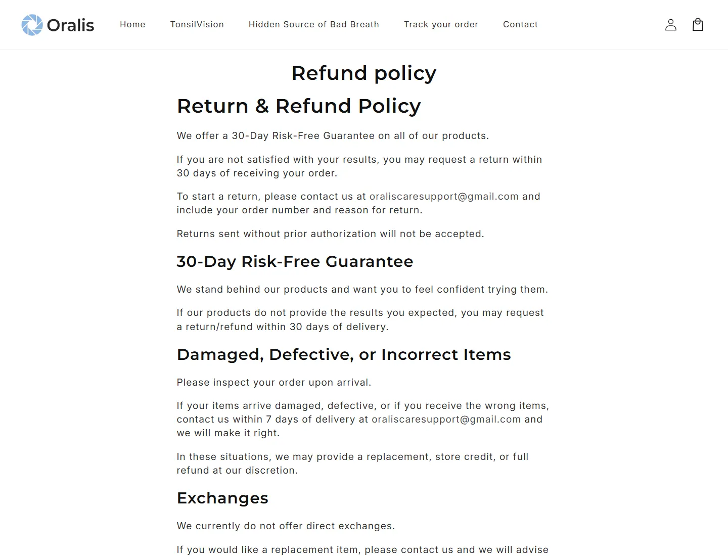 Refund policy – Oralis page captured during the ZeroThought investigation