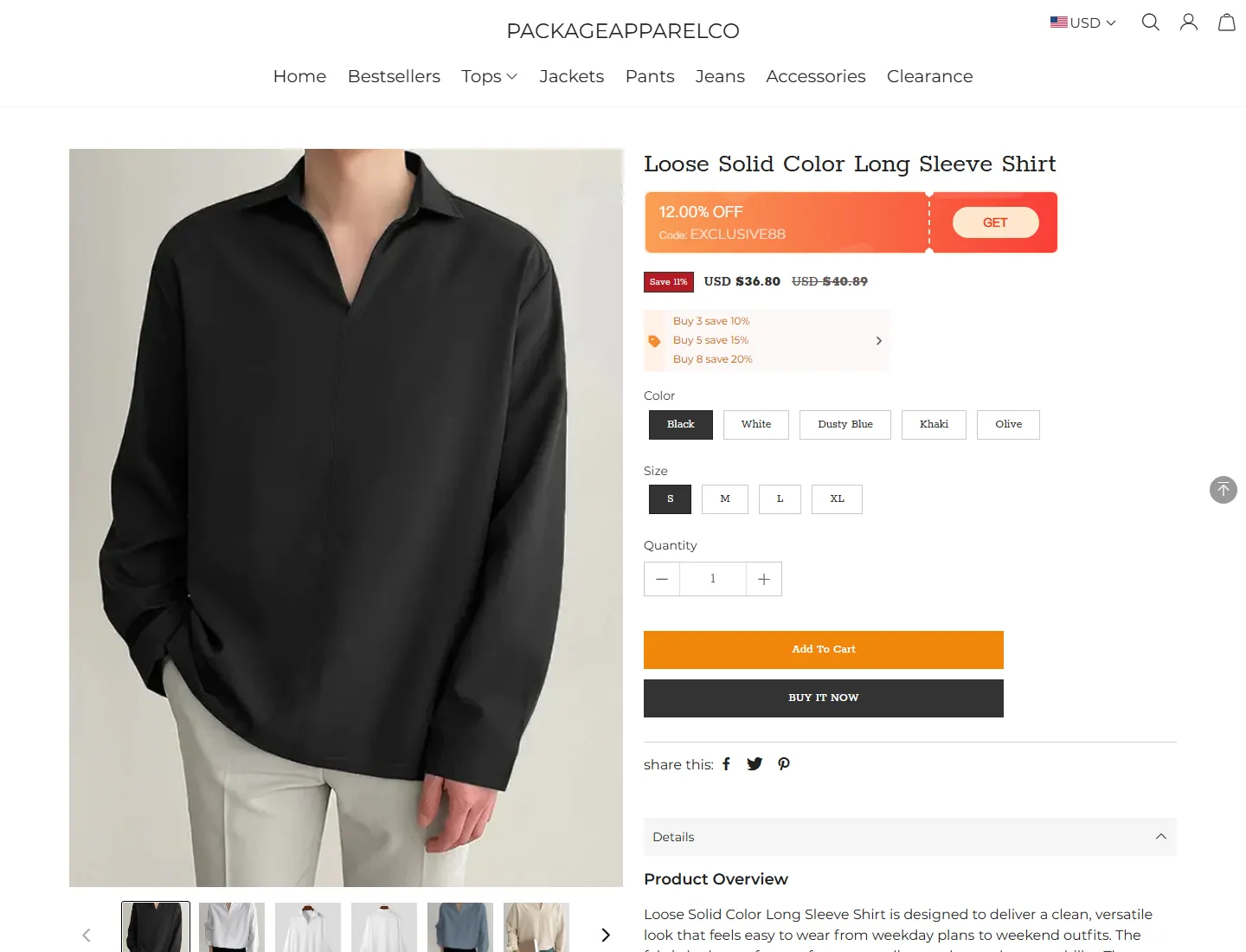 Loose Solid Color Long Sleeve Shirt - PACKAGEAPPARELCO page captured during the ZeroThought investigation