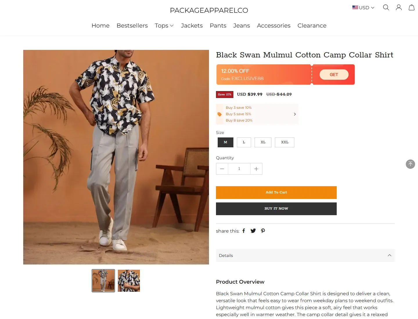 Black Swan Mulmul Cotton Camp Collar Shirt - PACKAGEAPPARELCO page captured during the ZeroThought investigation