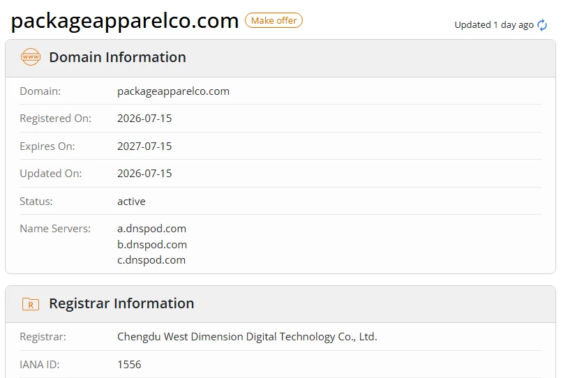 WHOIS.com record showing the registration details for packageapparelco com.