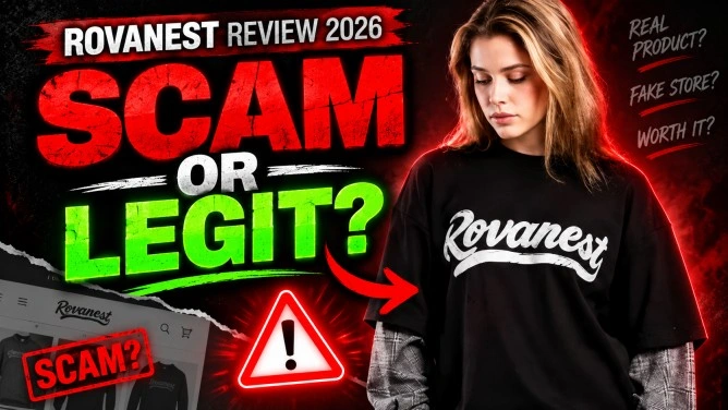 Rovanest Review 2026 showing Rovanest clothing with scam or legit warning text