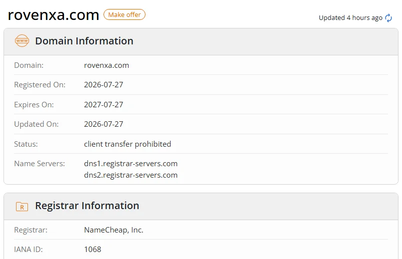 WHOIS.com record showing the registration details for rovenxa com.