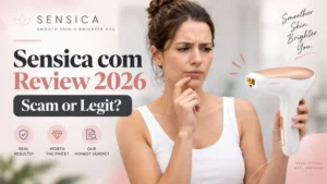 Sensica hair removal device review 2026 showing the Sensilight device and a shopper checking if Sensica com is legit.