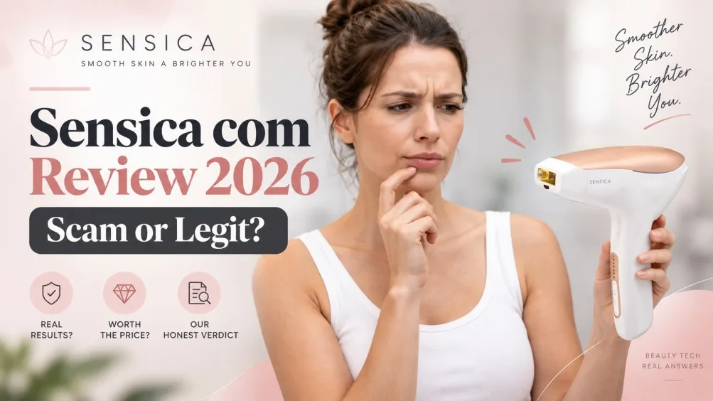 Sensica hair removal device review 2026 showing the Sensilight device and a shopper checking if Sensica com is legit.