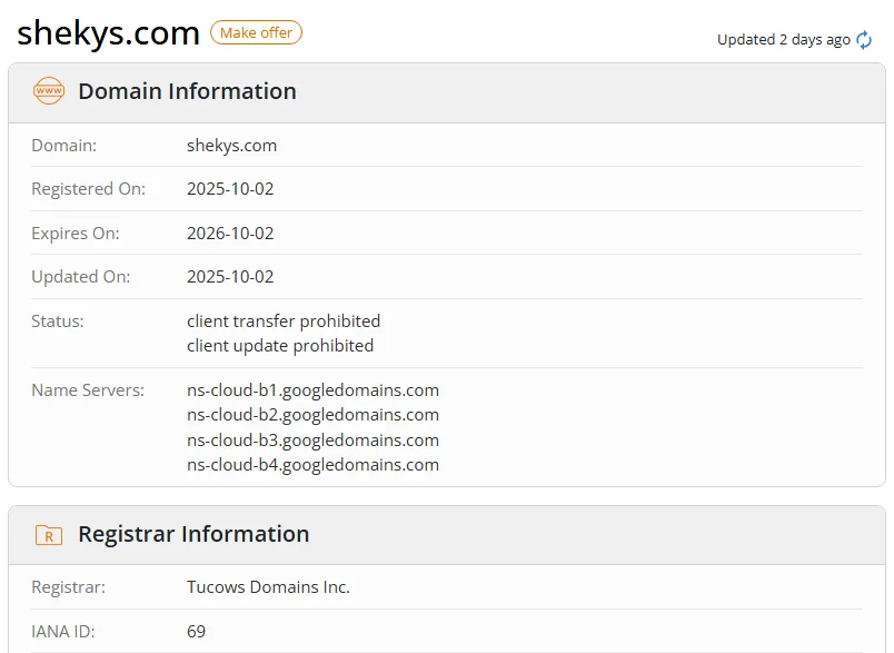 WHOIS.com record showing the registration details for shekys com.