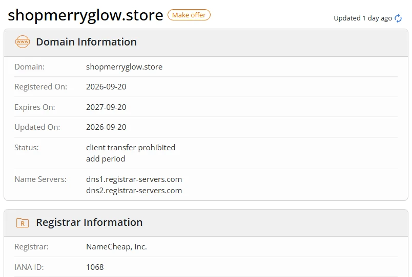 WHOIS.com record showing the registration details for shopmerryglow store.