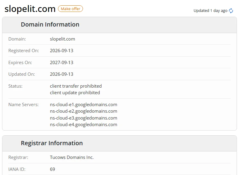 WHOIS.com record showing the registration details for slopelit com.