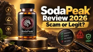 SodaPeak Review 2026 feature image showing the supplement bottle with scam or legit investigation text