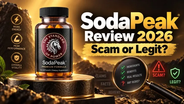 SodaPeak Review 2026 feature image showing the supplement bottle with scam or legit investigation text