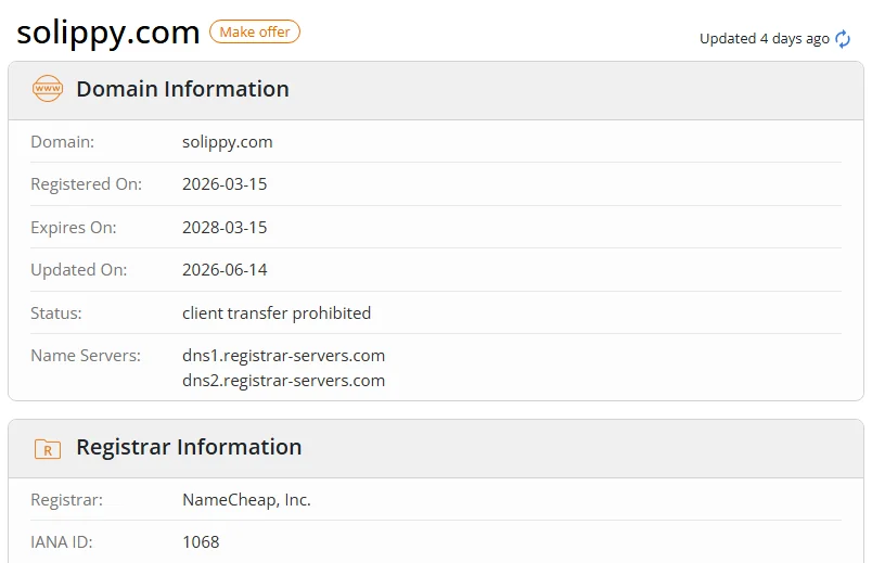 WHOIS.com record showing the registration details for solippy com.