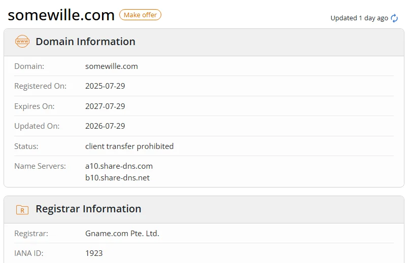 WHOIS.com record showing the registration details for somewille com.