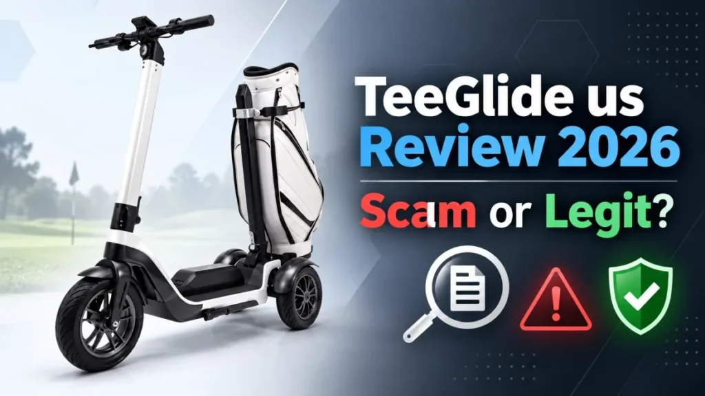 TeeGlide us Review 2026 featuring the electric golf scooter with Scam or Legit warning graphics