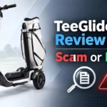 TeeGlide us Review 2026 featuring the electric golf scooter with Scam or Legit warning graphics